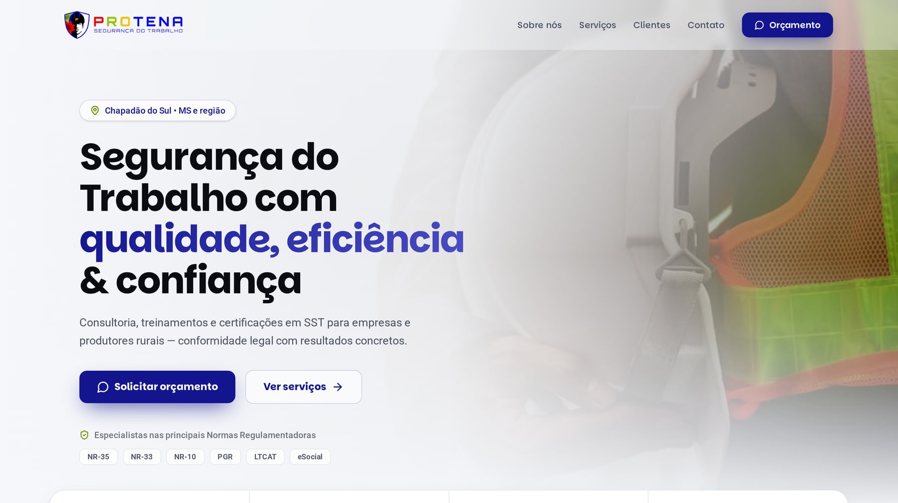 Página inicial do site da Protena com o título de segurança do trabalho, botões de orçamento e a faixa de normas regulamentadoras atendidas