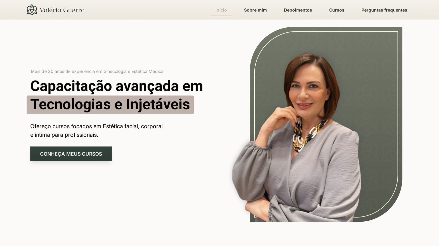 Página inicial da landing page de Valéria Guerra, com a chamada de capacitação em tecnologias e injetáveis e o botão de conhecer os cursos