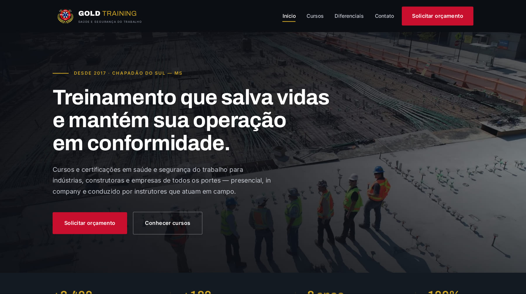 Página inicial do site da Gold Training, com a chamada sobre treinamento em segurança do trabalho, os botões de orçamento e o início da faixa de números da empresa